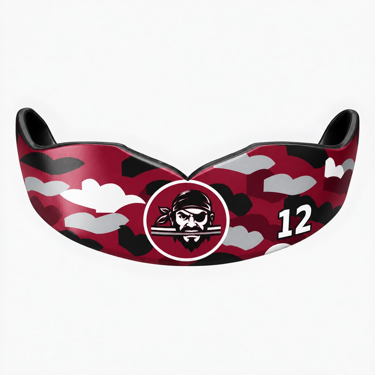Maroon, black, white and silver camouflage Pirate 12 custom mouthguard