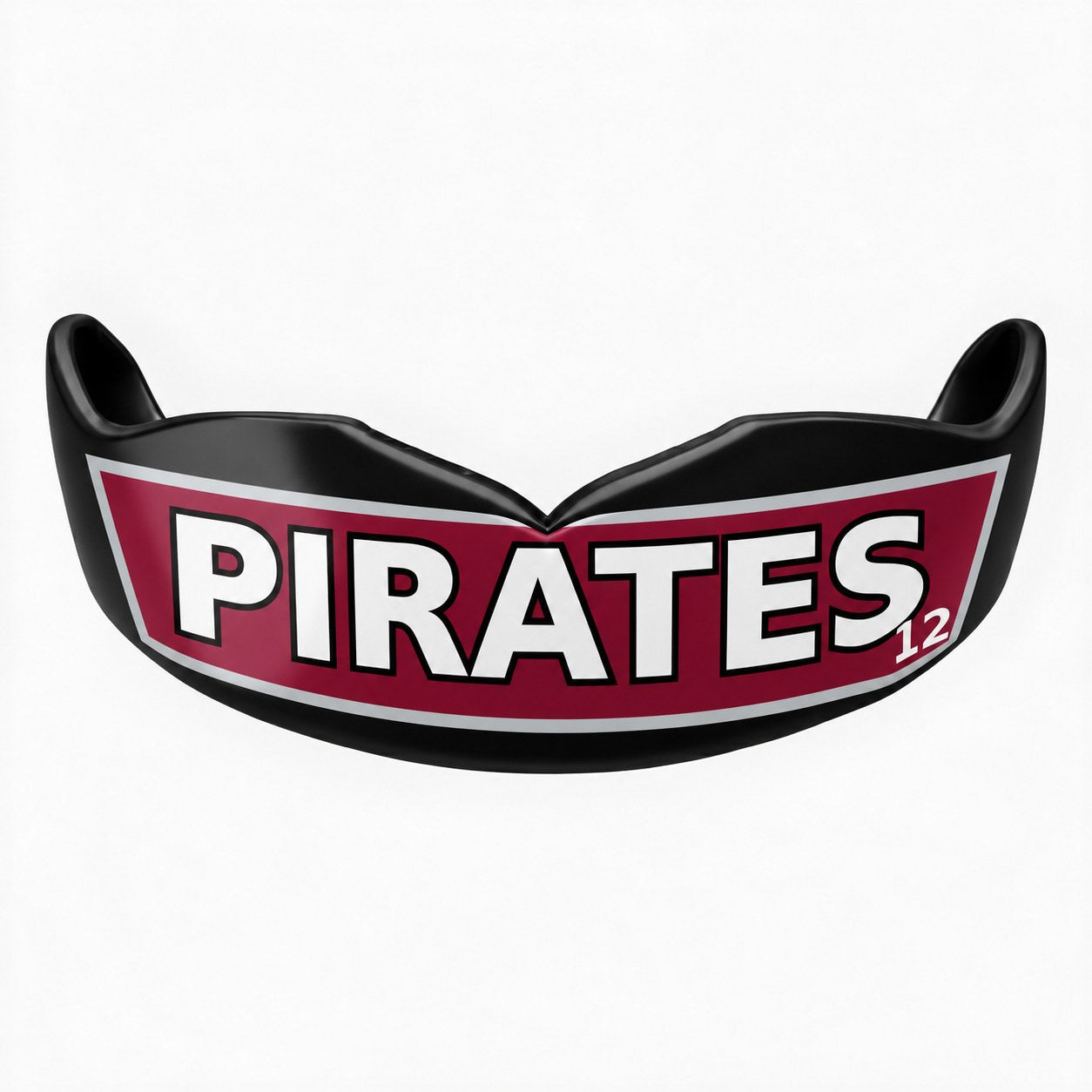 Black and maroon PIRATES 12 custom mouthguard
